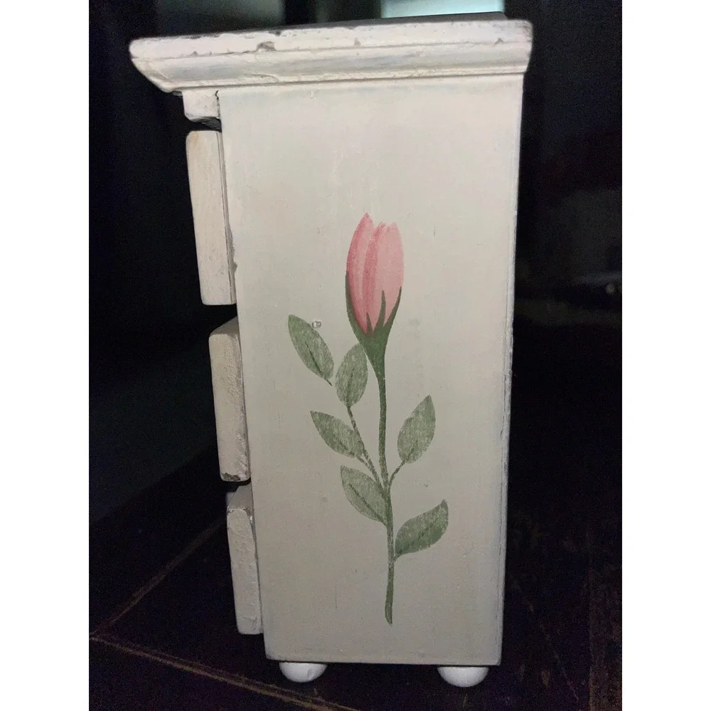 Vintage Hand Painted Floral Wooden Mini Chest 3 Drawers Jewelry Trinket Box Rose